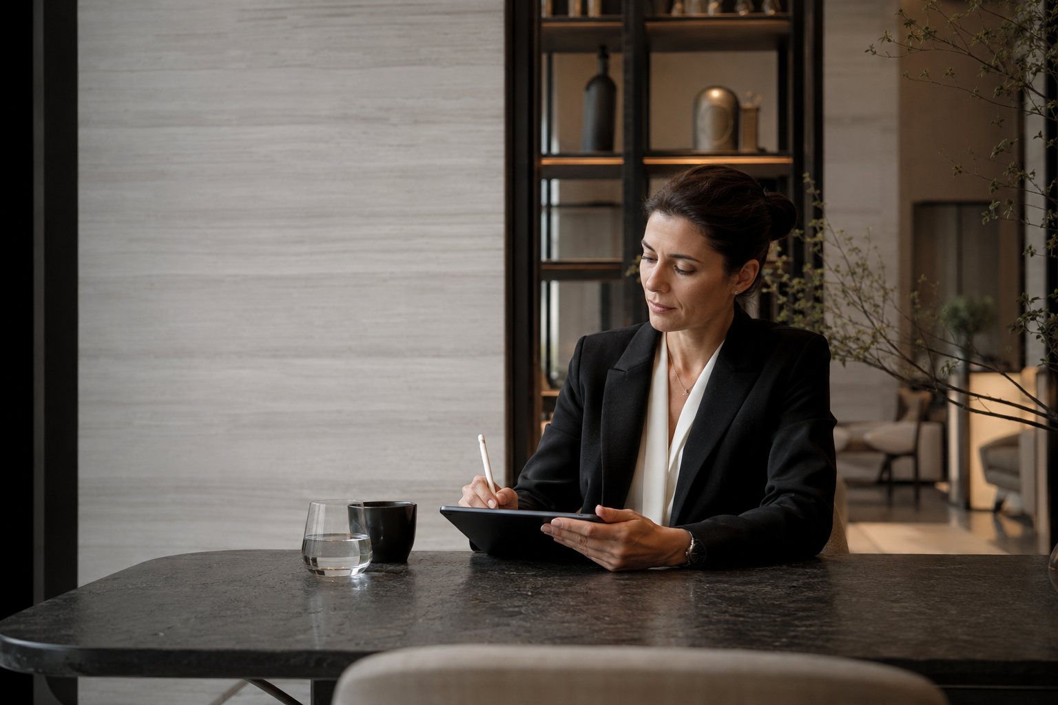 A hospitality professional preparing a thoughtful digital message in a calm contemporary setting