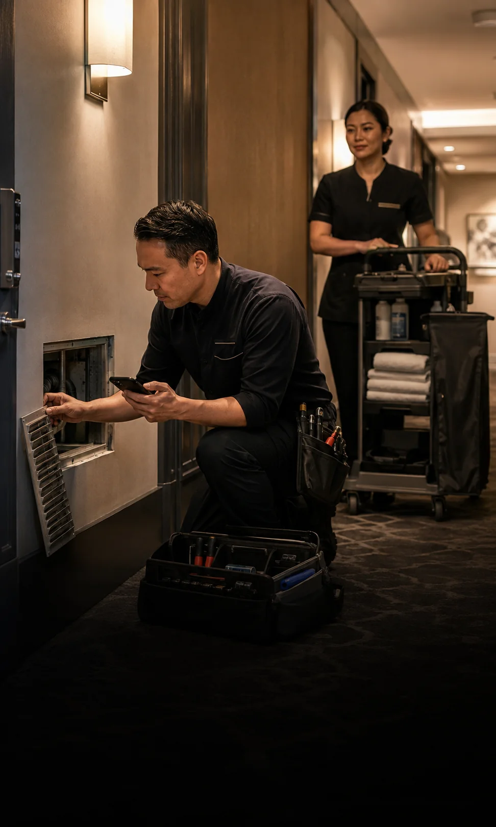 A hotel engineering technician responding to a guest-impacting issue with housekeeping nearby
