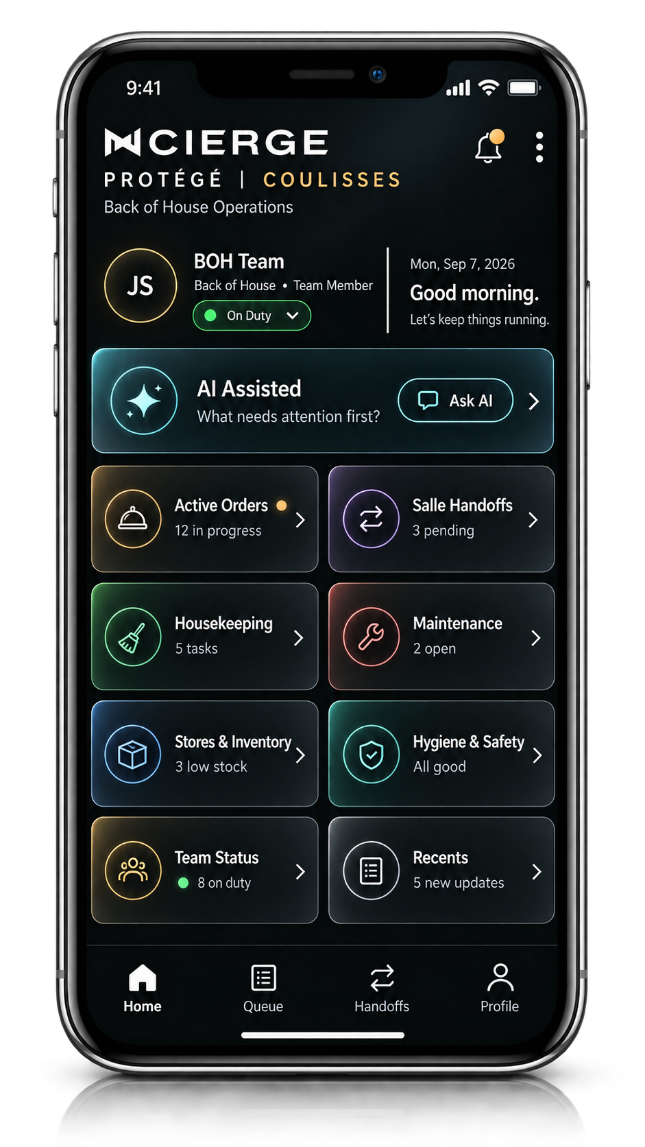 Coulisses Back of House team mobile application screen