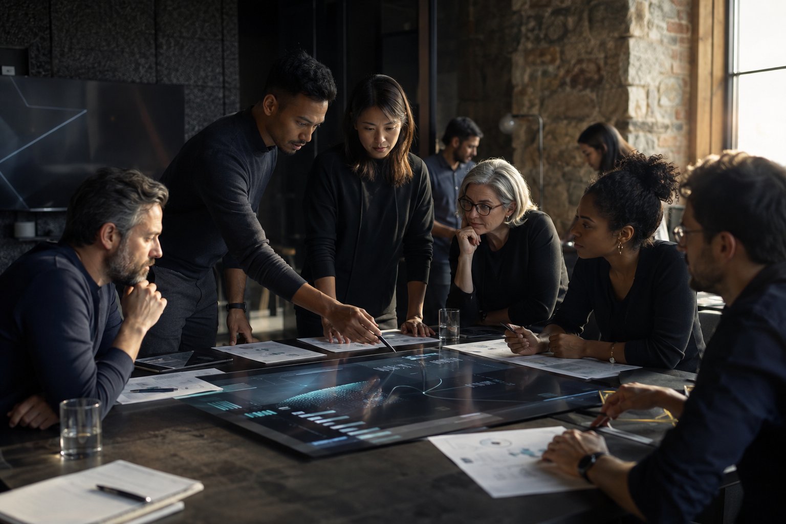 AI specialists and hospitality professionals interpreting service signals together around an interactive planning table