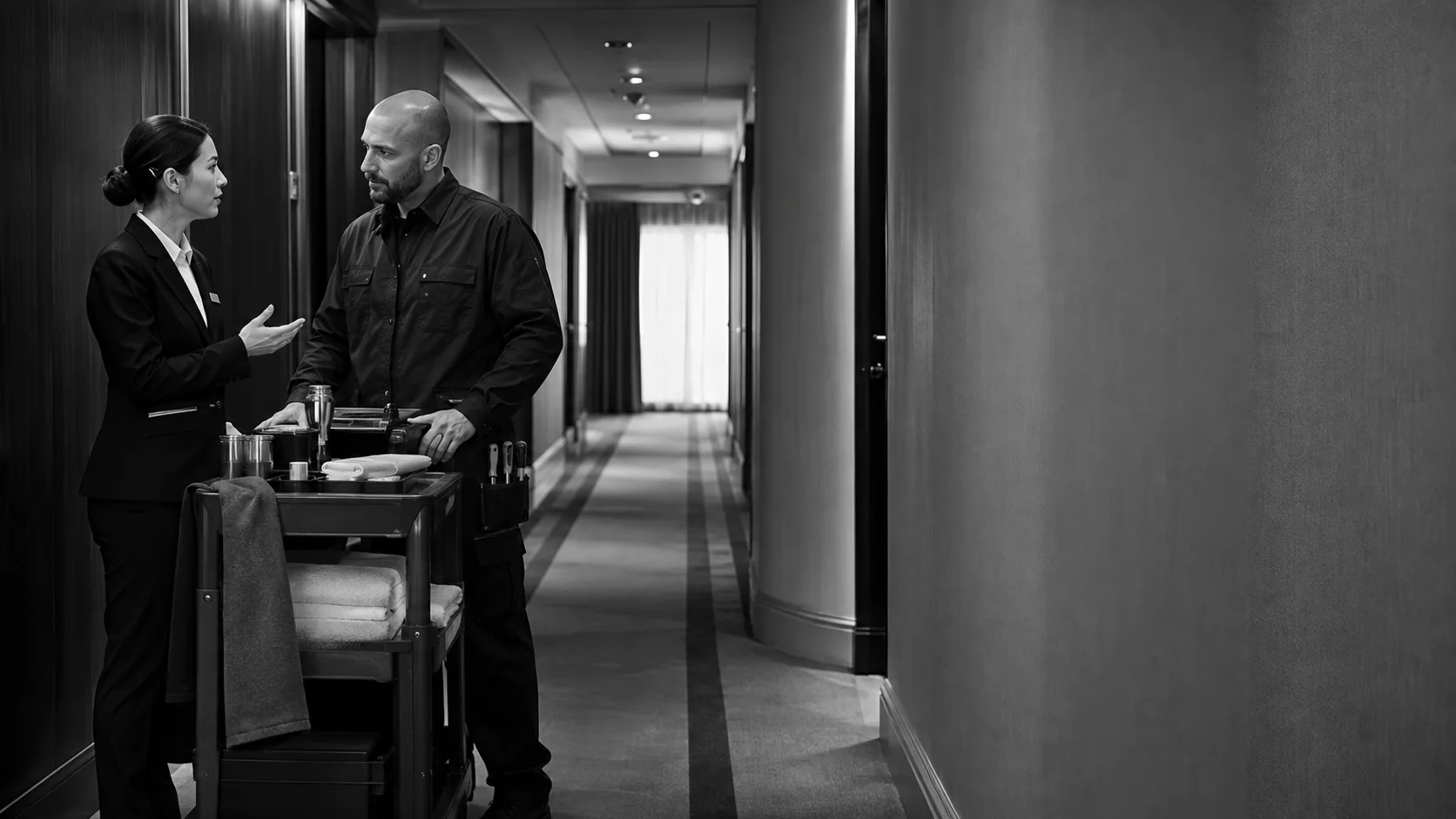 Front-of-house and facilities colleagues completing a clear hotel service handover