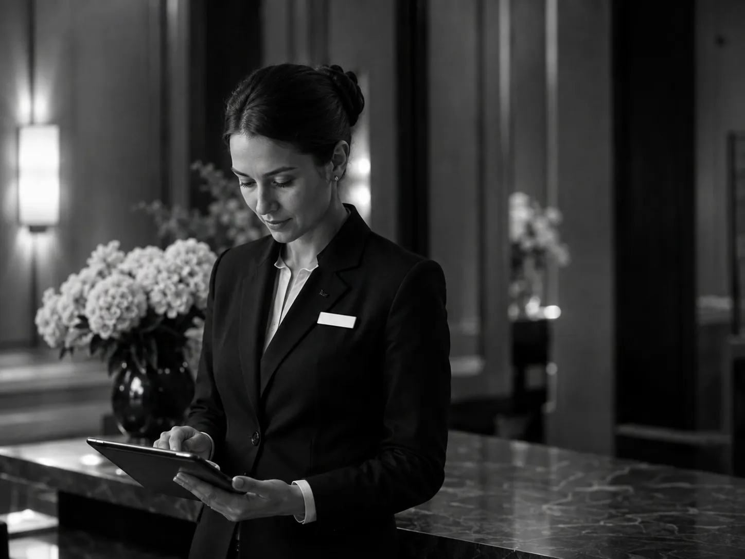 A hotel colleague coordinating service on a tablet