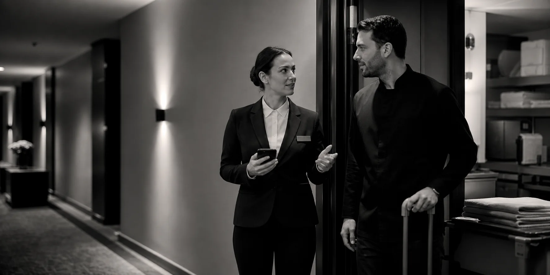 Hotel colleagues coordinating a guest request between teams