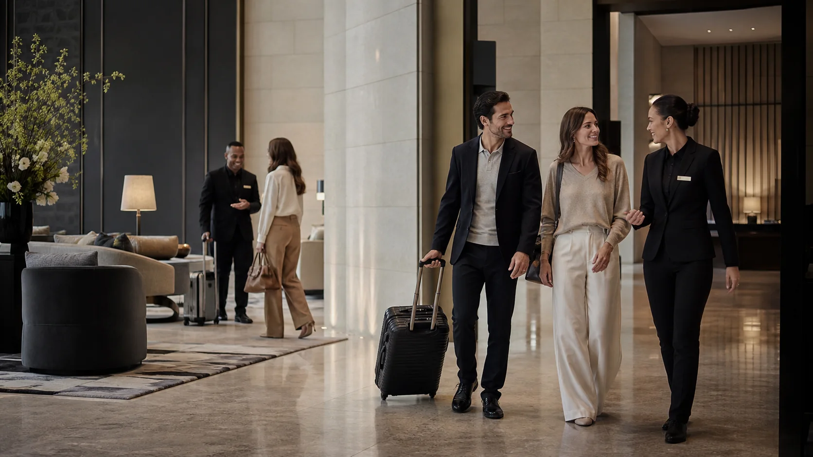 A Front of House colleague walking with arriving hotel guests